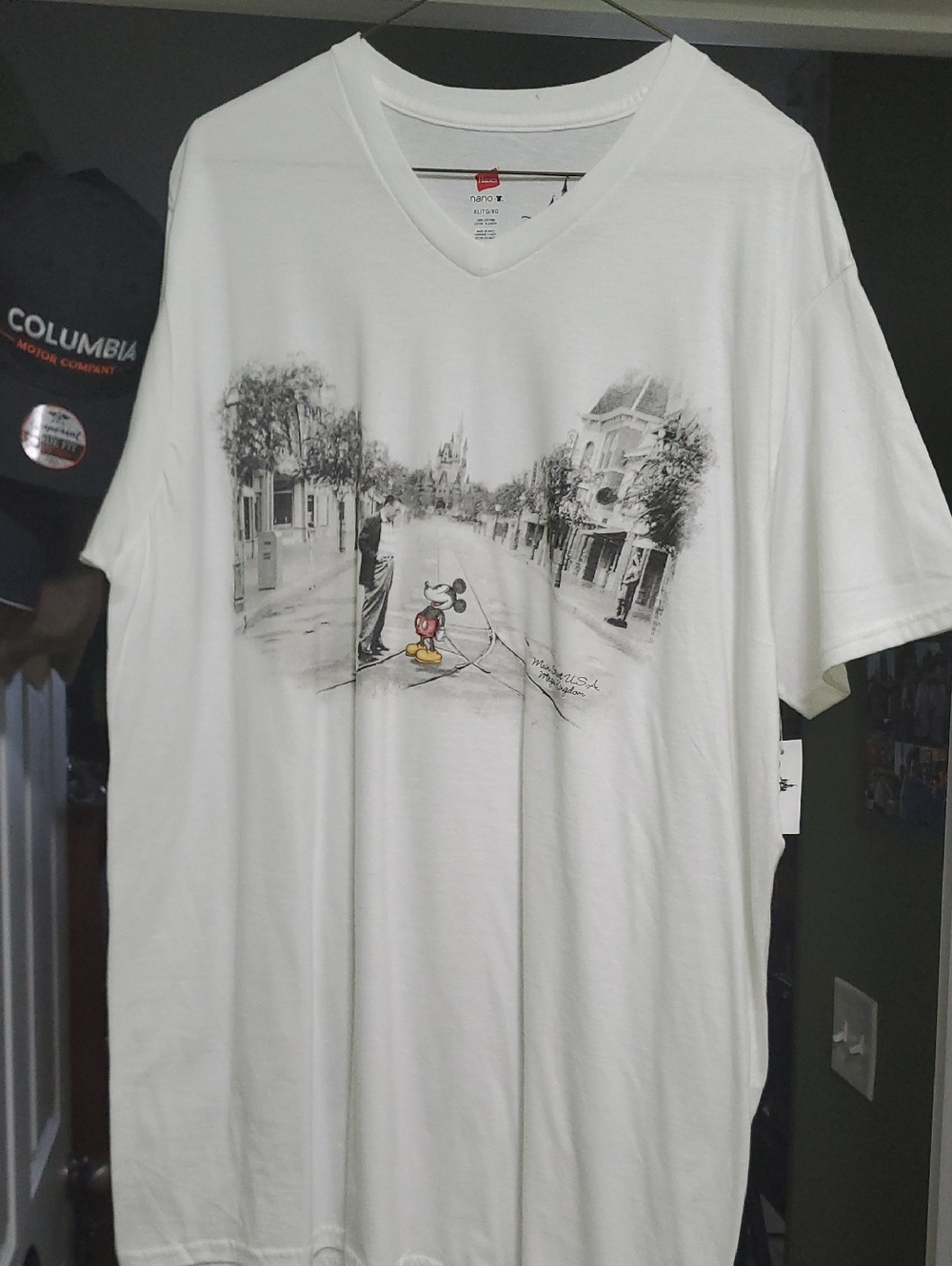 XL Hanes White V-Neck Graphic Tee with Mickey & Walt  Accent